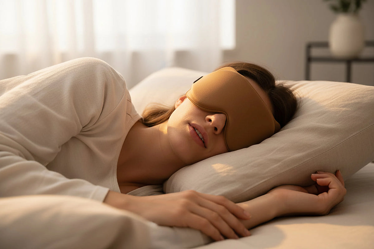 Woman asleep in a brown contour sleep mask