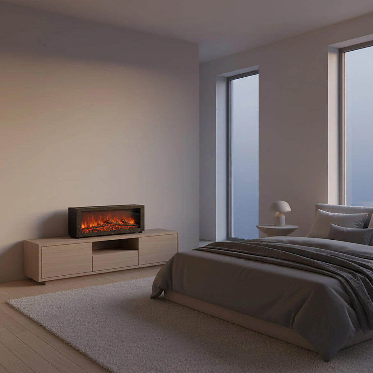Black flame-effect humidifier on a bedroom TV console