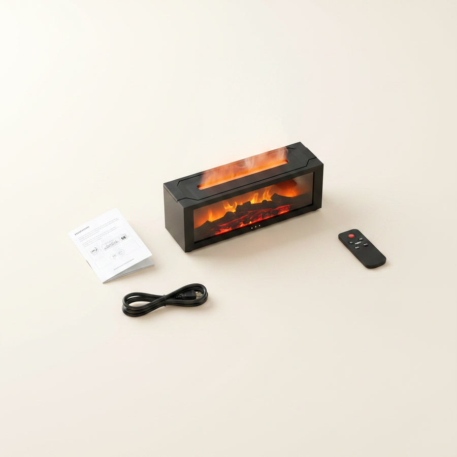 Flame-effect humidifier with its remote, Type-C cord and manual
