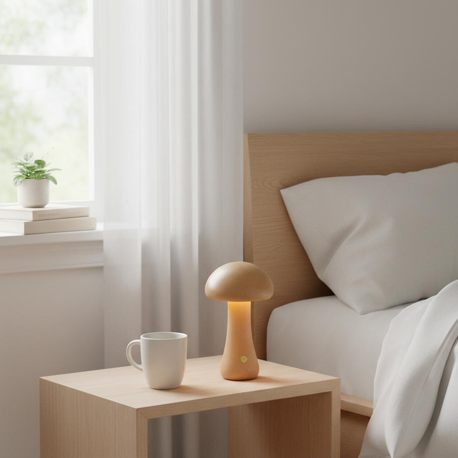 Beech mushroom lamp on a nightstand