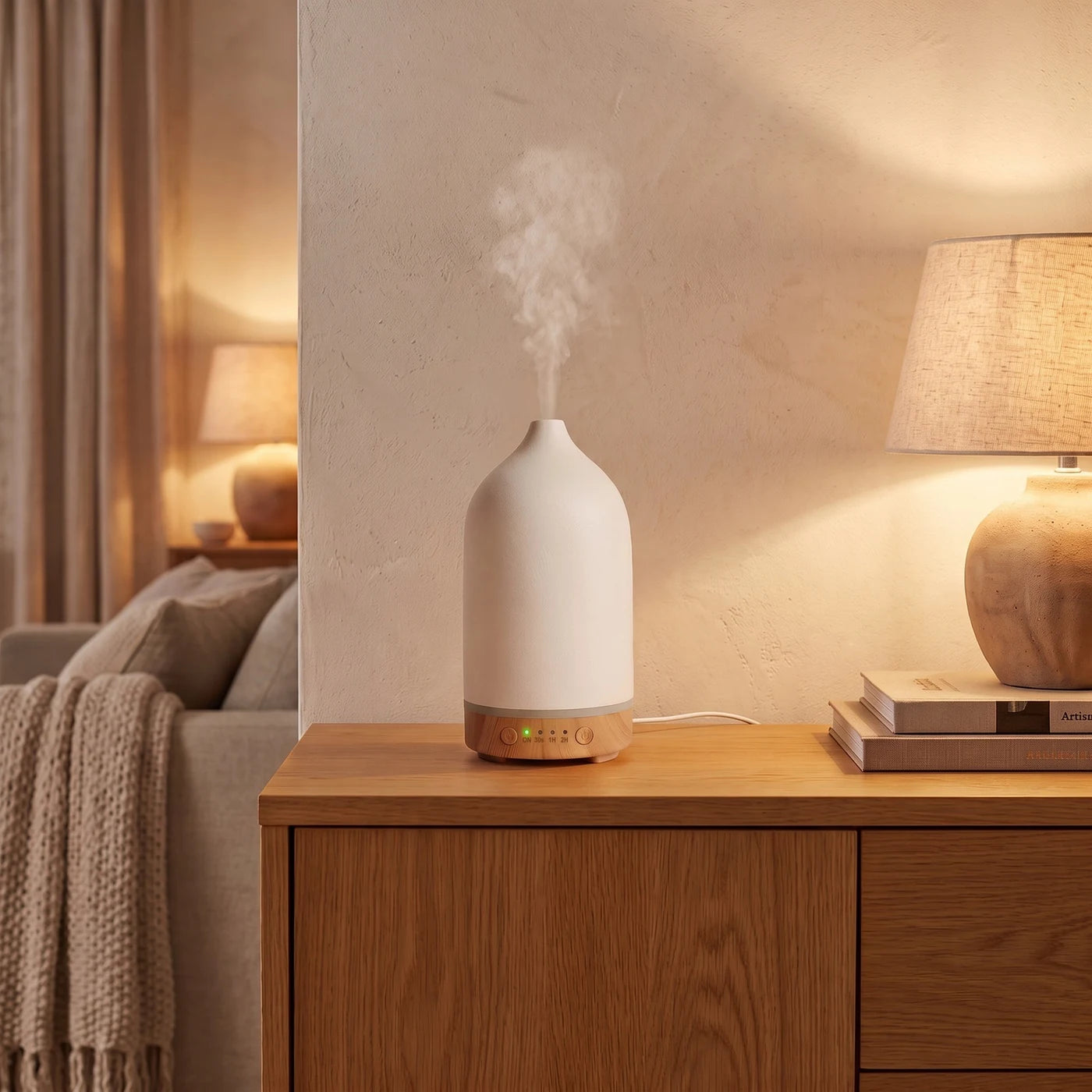 Cream wood-grain diffuser running on an oak sideboard