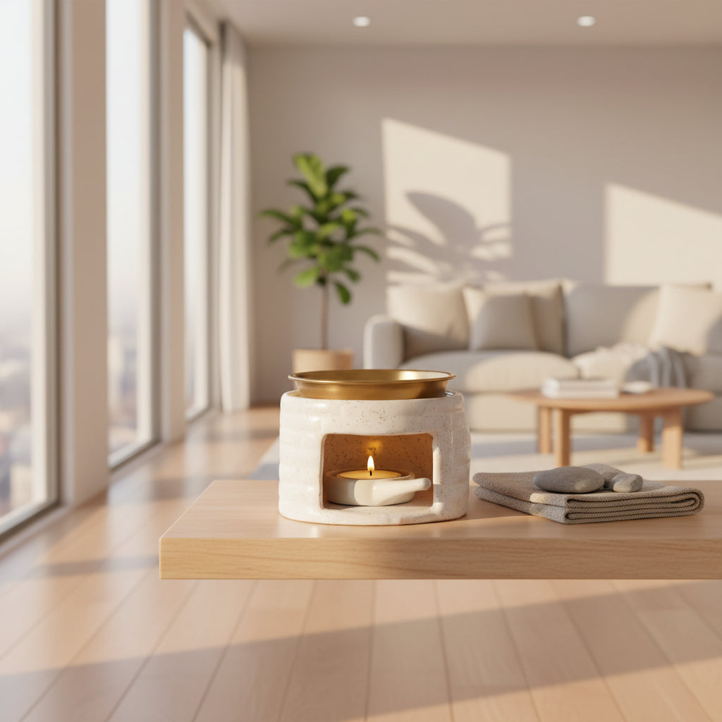 Ceramic oil warmer on a low stand beside a sofa