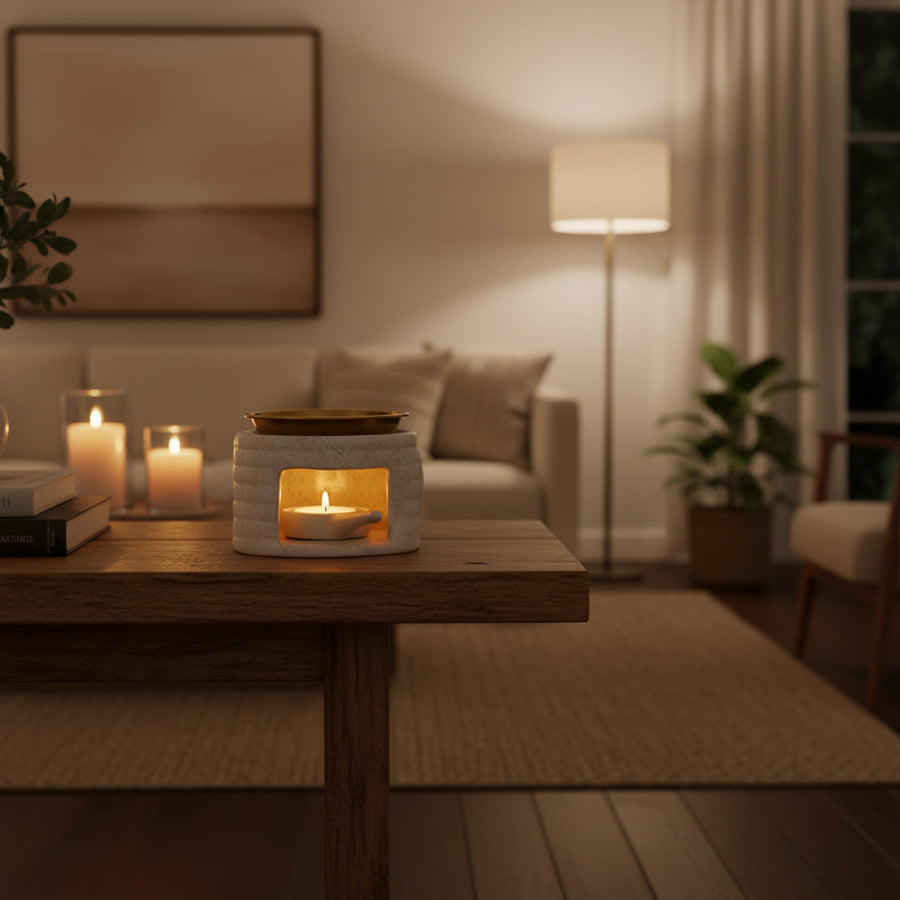 Ceramic oil warmer lit on a living-room coffee table