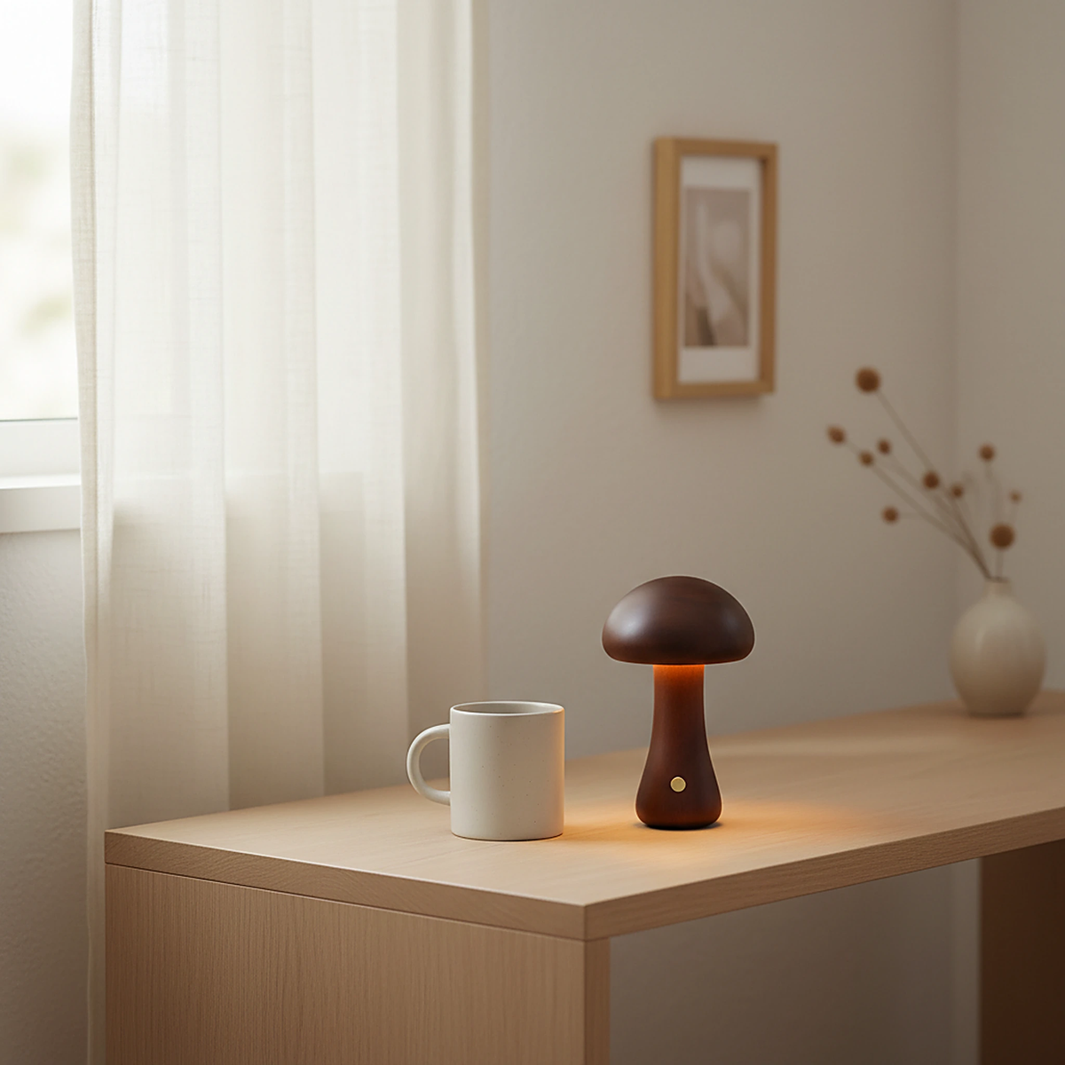 Dark mushroom lamp on a bedside table