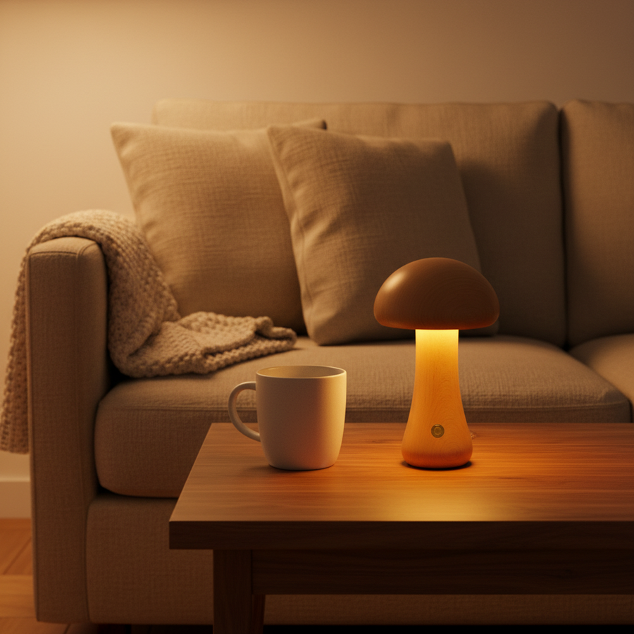 Tall wooden mushroom lamp glowing on a side table by a sofa