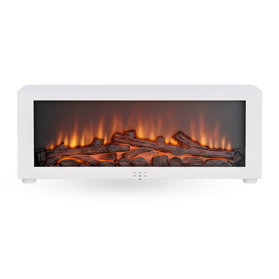 White flame effect essential oil diffuser and humidifier, running, on a cream background