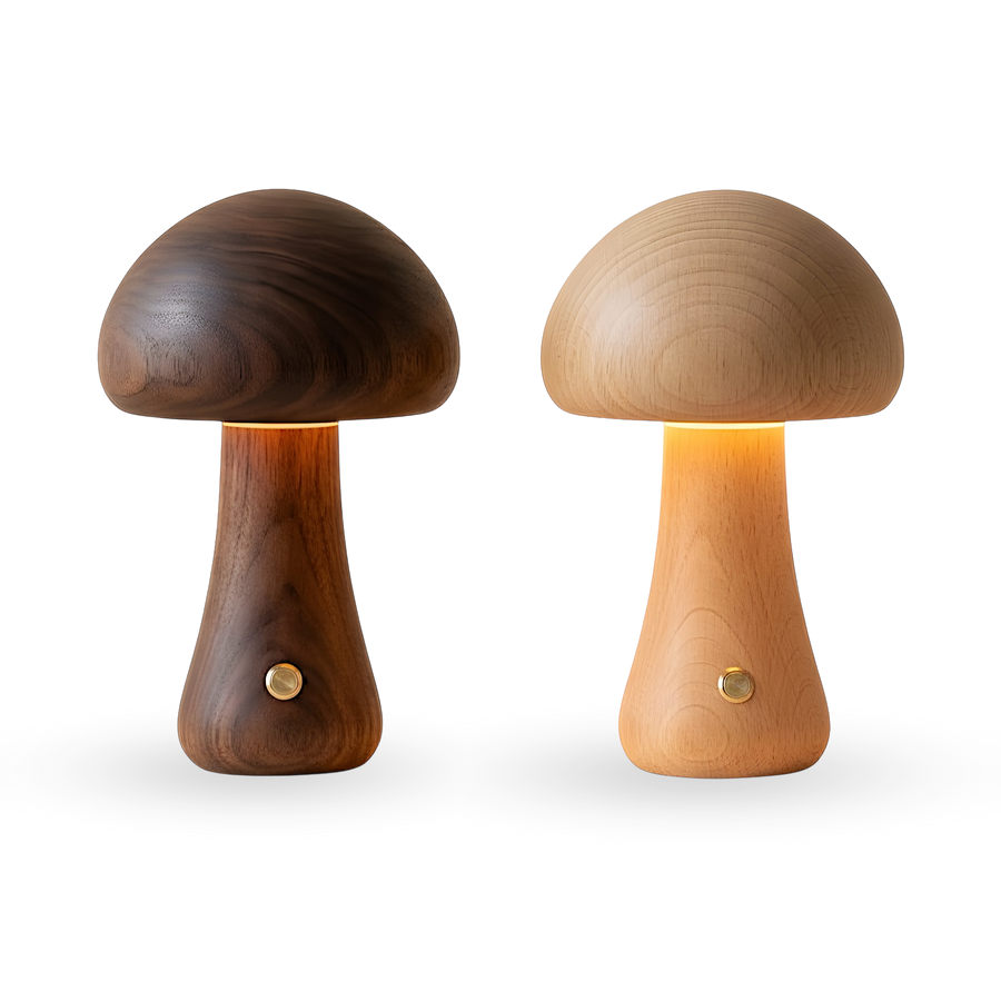 Two mushroom lamps, dark and beech, side by side