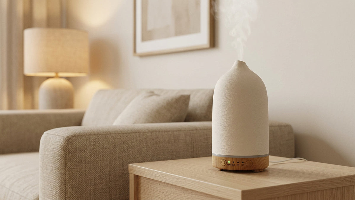 Cream wood-grain essential oil diffuser misting on an oak side table beside a linen sofa in a calm living room
