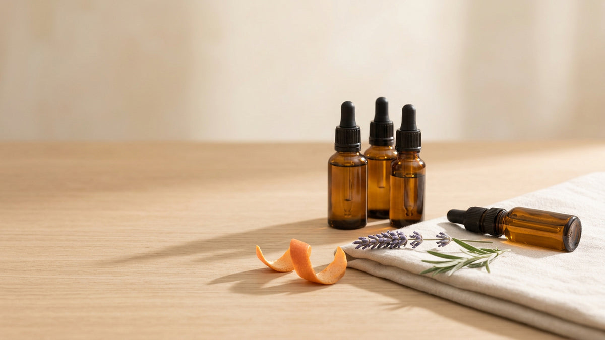 Amber dropper bottles, a lavender sprig, rosemary and a curl of orange peel on a linen cloth on a light oak table in warm light