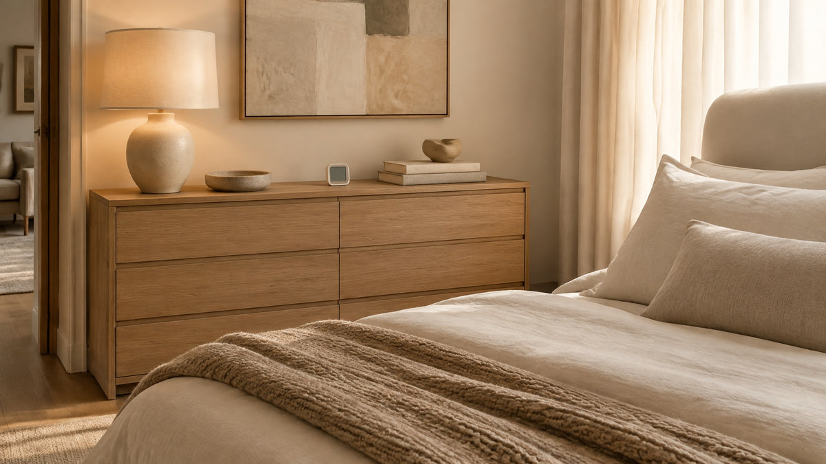 A calm bedroom with a small digital hygrometer on an oak dresser beside a table lamp