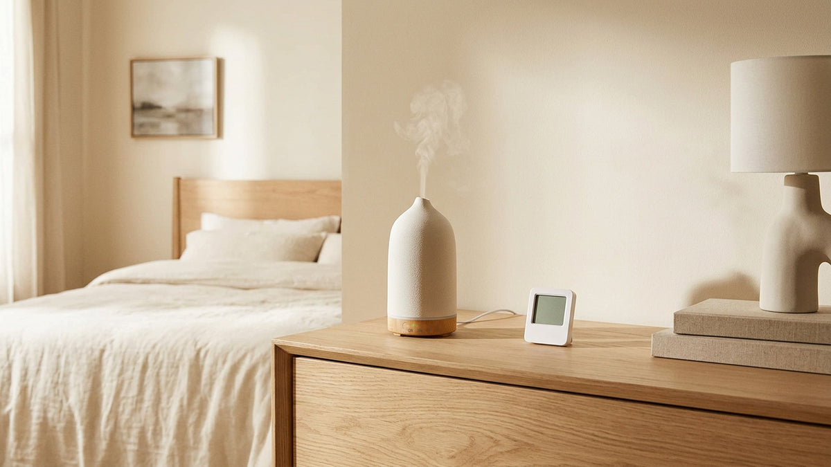 Cream wood-grain essential oil diffuser on an oak dresser next to a digital hygrometer in a bright bedroom