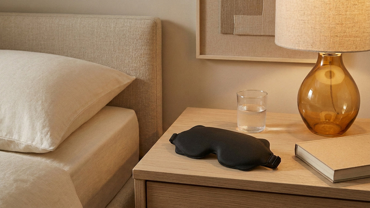 Black contour sleep mask on an oak nightstand beside a glass of water and an amber table lamp