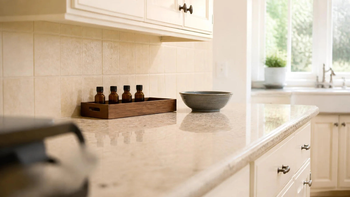 A small wooden tray of amber essential oil bottles and a ceramic bowl on a cream stone counter by a sunny window