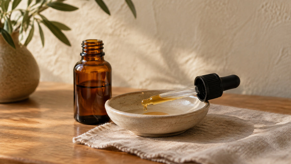 An amber essential oil bottle and a dropper resting on a ceramic dish with a drop of oil, on a linen napkin on a wooden table in warm light