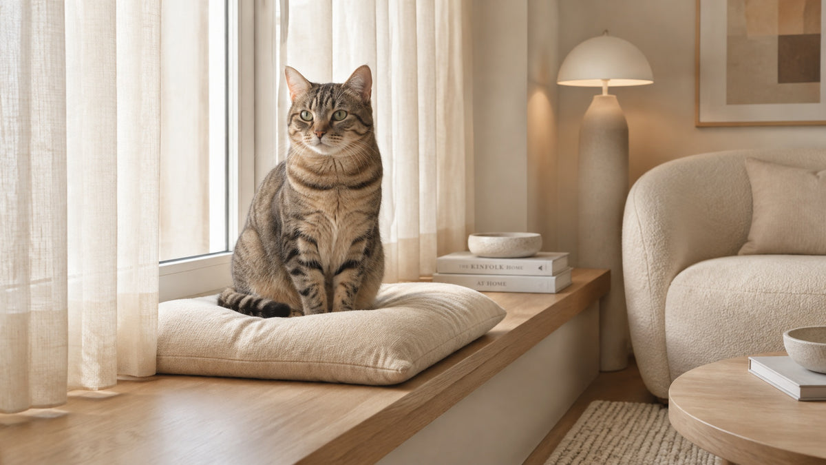 A tabby cat sitting on a cushion on a wide windowsill in a calm cream living room