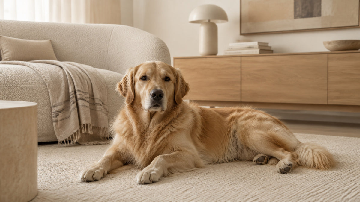 A golden retriever resting on a cream rug in a warm, quiet living room