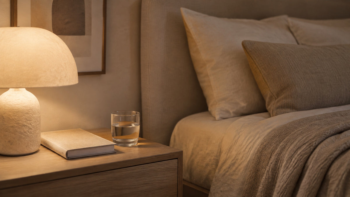 An oak nightstand with a glass of water, a book and a glowing table lamp beside a made bed