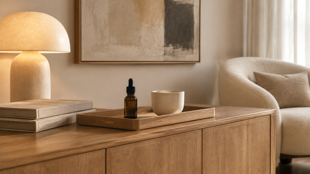 A small amber dropper bottle and a ceramic cup on an oak tray on a sideboard in a calm living room