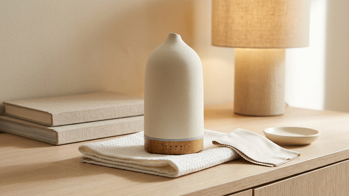 Cream wood-grain essential oil diffuser switched off on a folded white towel with a cleaning cloth