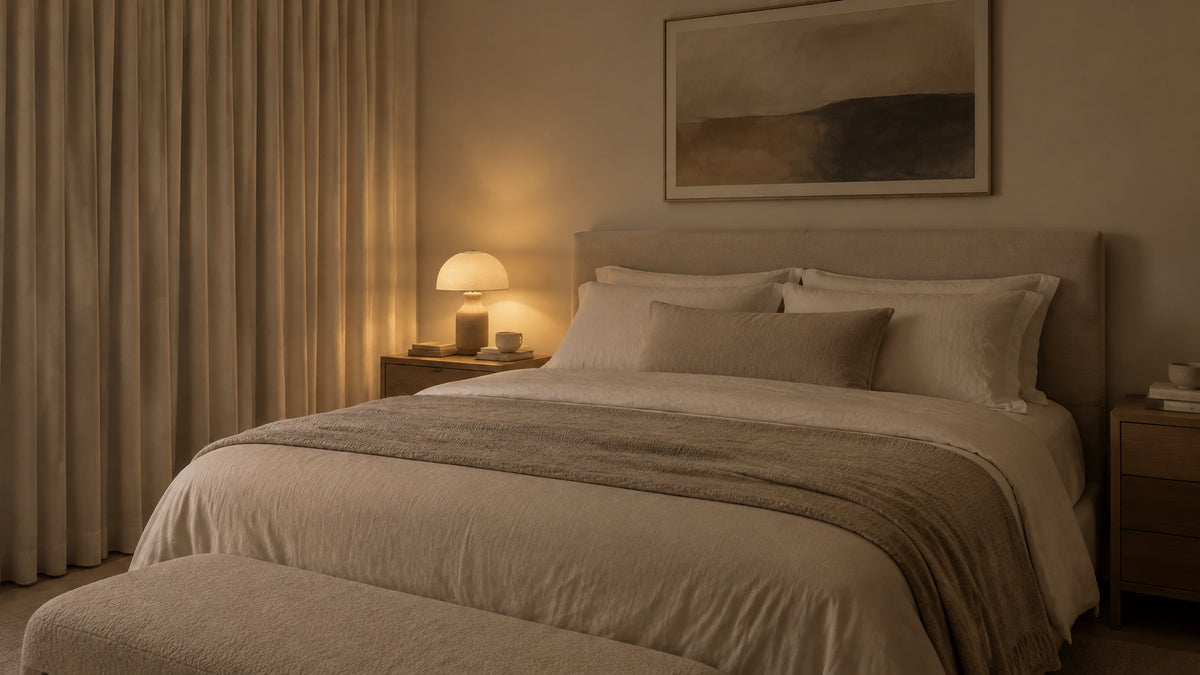 A dim bedroom with closed curtains and a single warm bedside lamp glowing