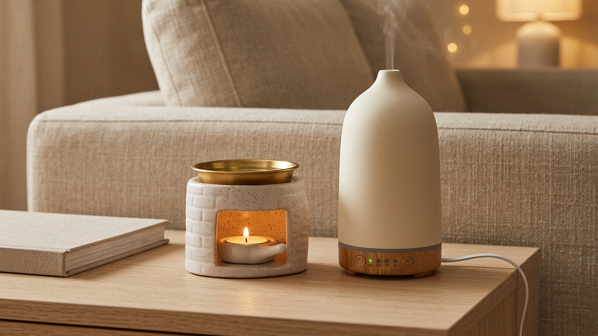 Ceramic oil warmer with a lit tealight beside a cream wood-grain essential oil diffuser on an oak side table