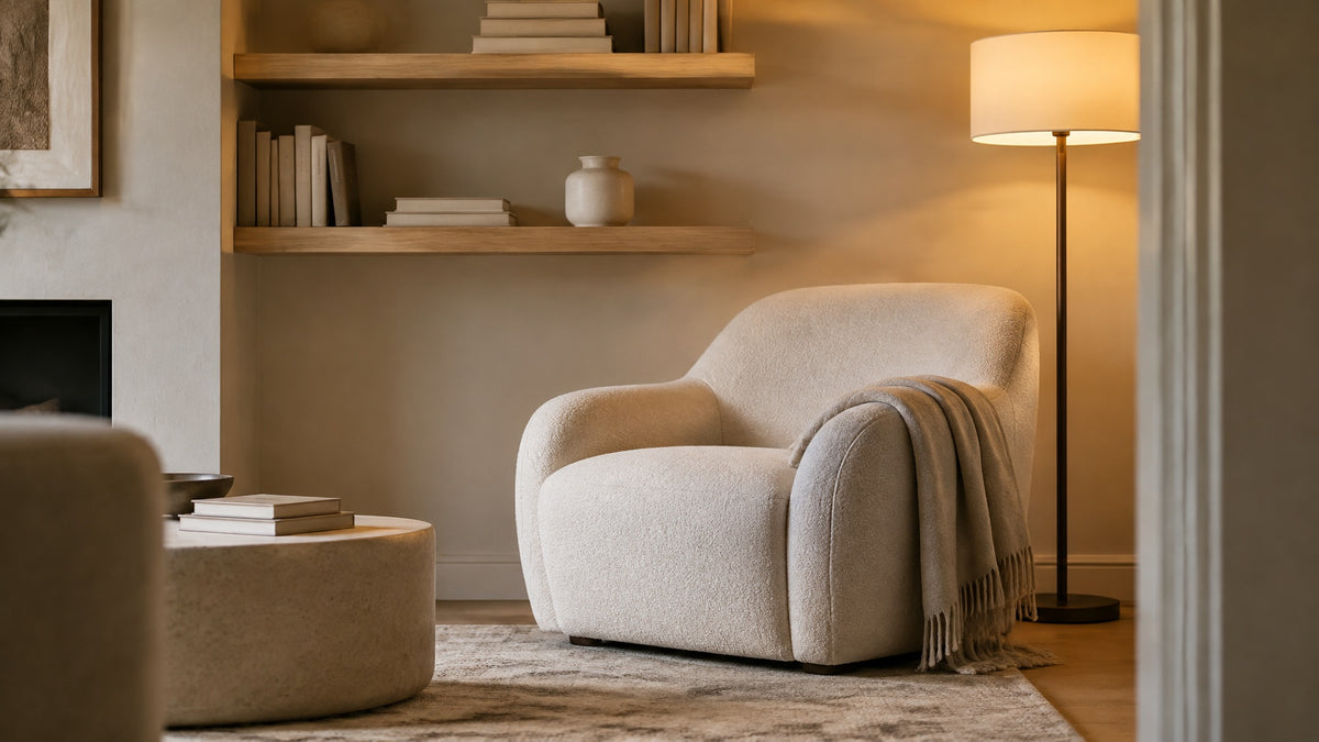 A calm living room with an armchair, a floor lamp and open oak shelves in warm evening light