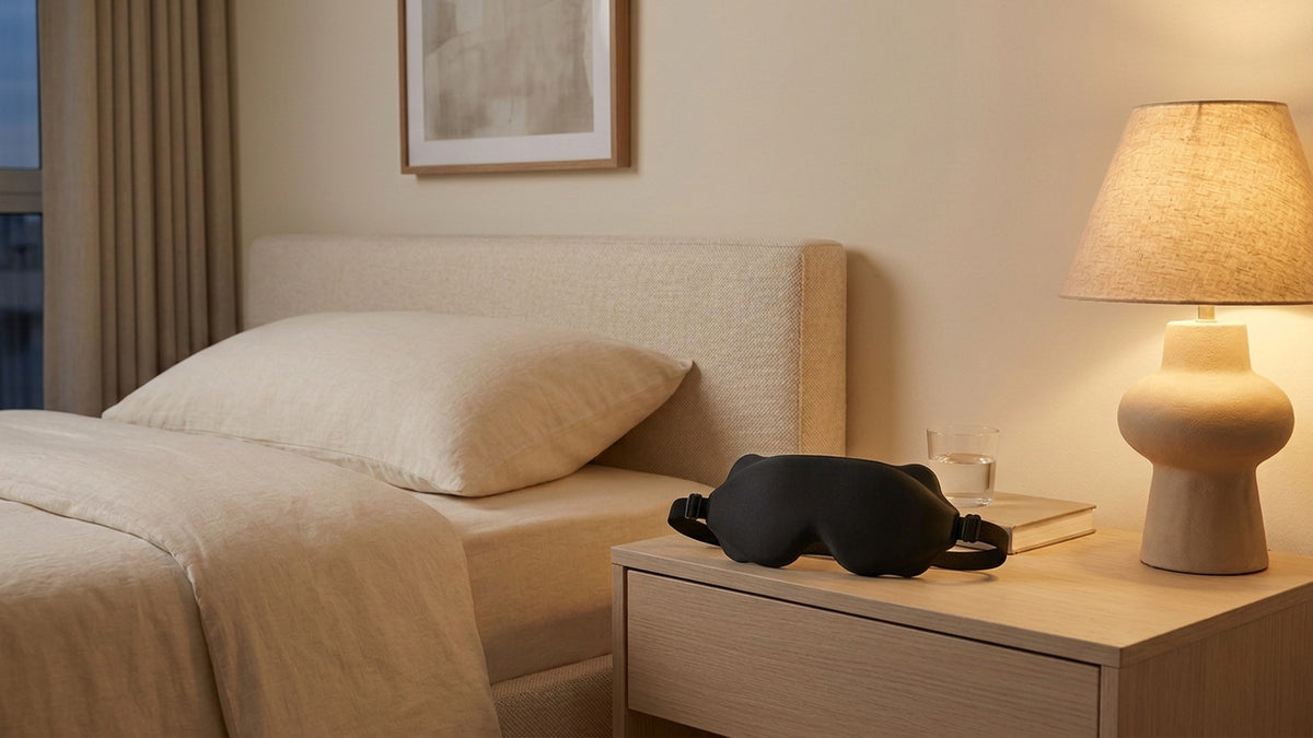 Black contour sleep mask on an oak nightstand beside a made bed and a glowing table lamp