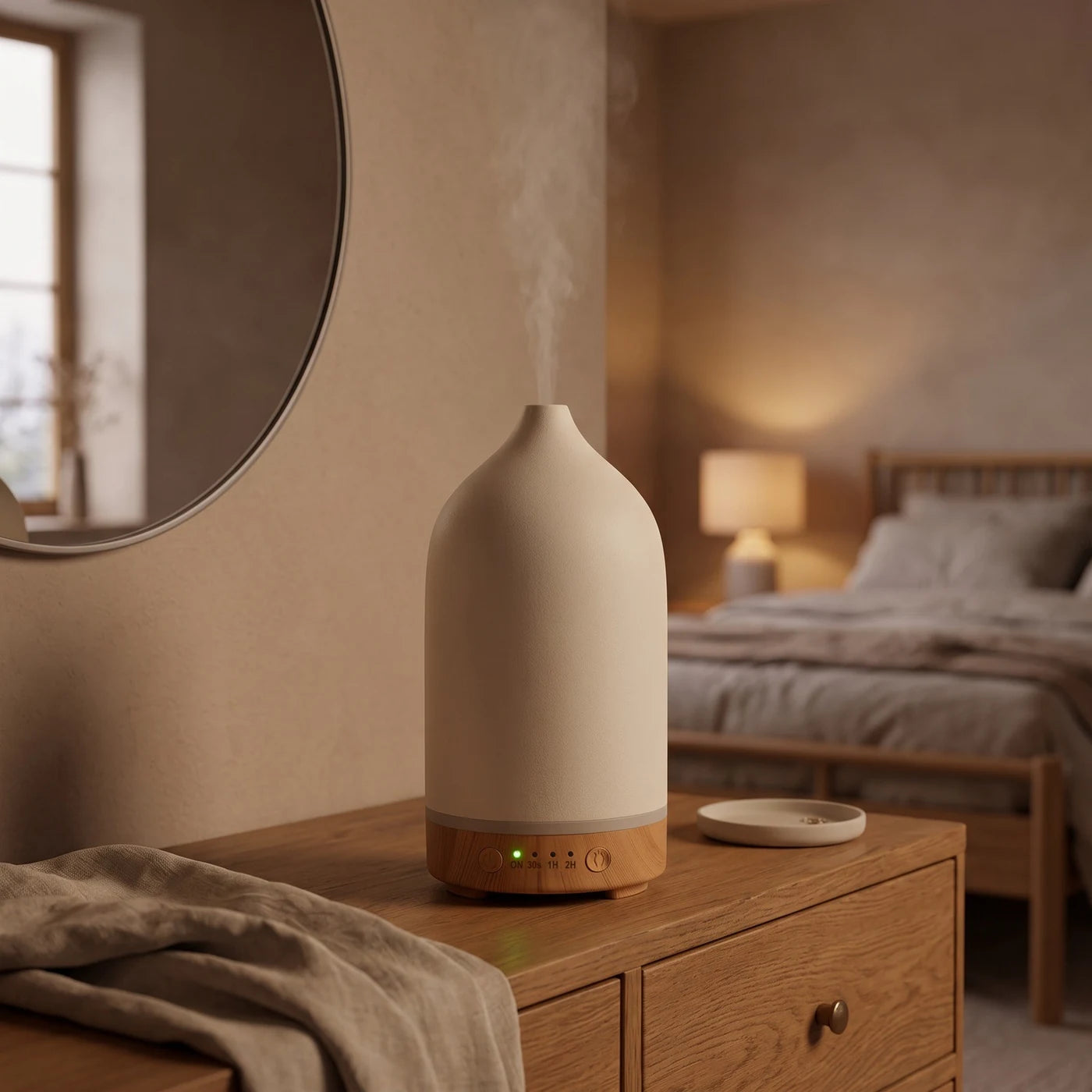 Cream wood-grain diffuser on a bedroom dresser